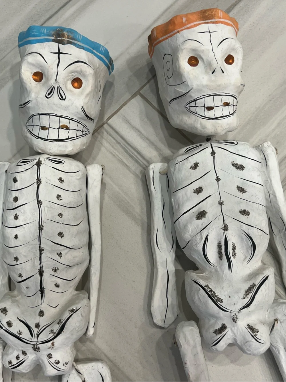 2 Vintage Handmade Mexican Folk Art Paper Mache Skeleton